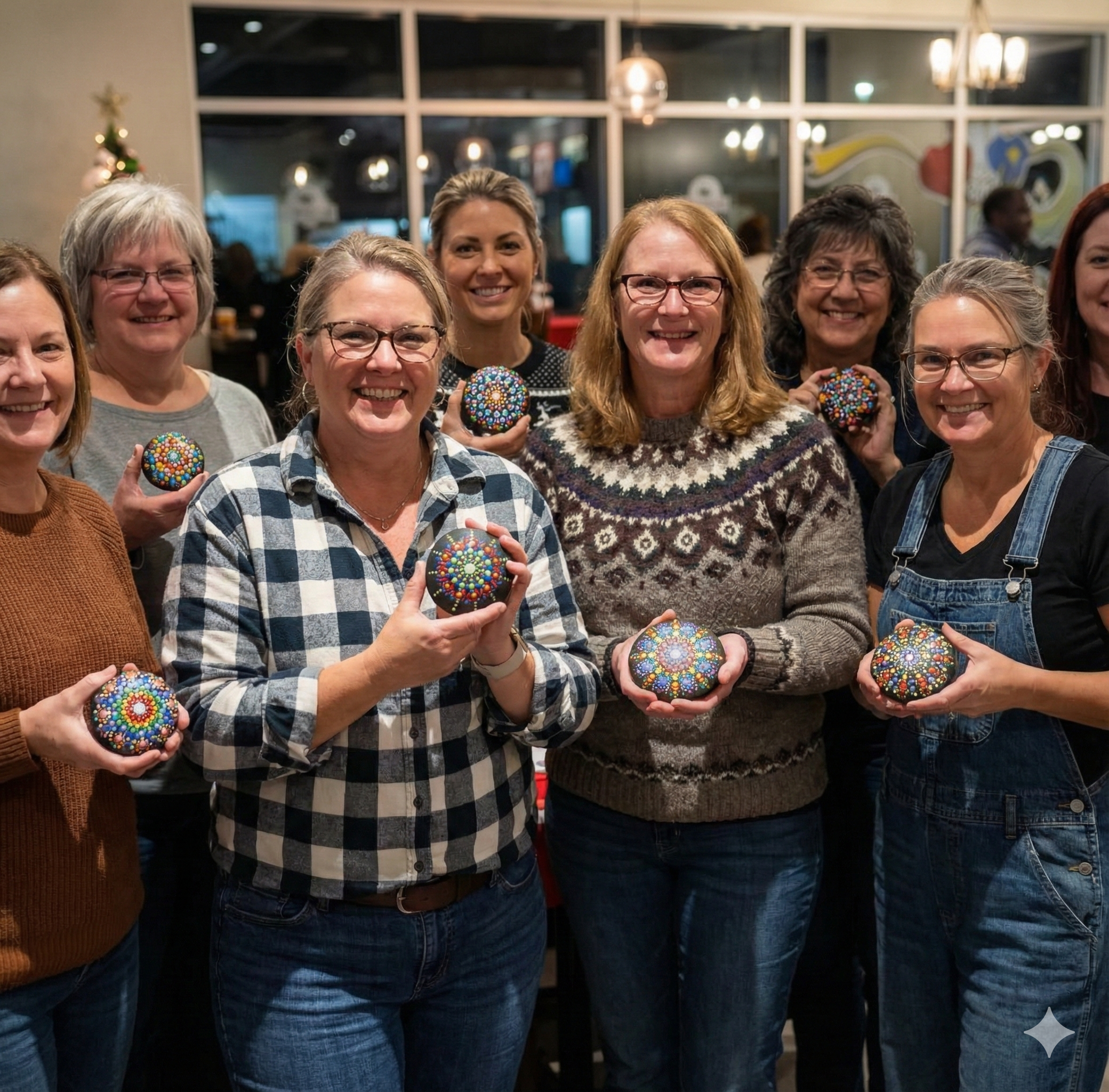 Corporate team creating dot mandalas together